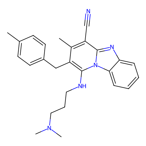 13-{[3-(dimethylamino)propyl]amino}-11-methyl-12-[(4-methylphenyl)methyl]-1,8-diazatricyclo[7.4.0.0^{2,7}]trideca-2(7),3,5,8,10,12-hexaene-10-carbonitrile structure