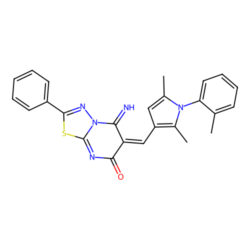 (E)-6-((2,5-dimethyl-1-(o-tolyl)-1H-pyrrol-3-yl)methylene)-5-imino-2-phenyl-5H-[1,3,4]thiadiazolo[3,2-a]pyrimidin-7(6H)-one structure