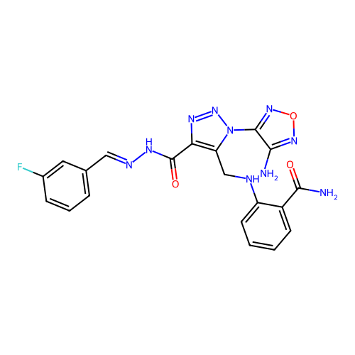 (E)-2-(((1-(4-amino-1,2,5-oxadiazol-3-yl)-4-(2-(3-fluorobenzylidene)hydrazinecarbonyl)-1H-1,2,3-triazol-5-yl)methyl)amino)benzamide structure