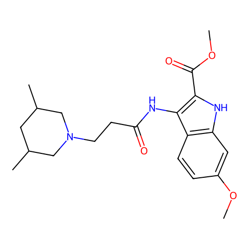 methyl 3-(3-(3,5-dimethylpiperidin-1-yl)propanamido)-6-methoxy-1H-indole-2-carboxylate structure