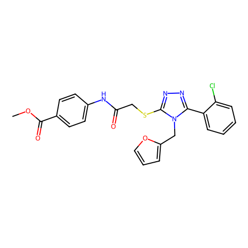 methyl 4-(2-((5-(2-chlorophenyl)-4-(furan-2-ylmethyl)-4H-1,2,4-triazol-3-yl)thio)acetamido)benzoate structure