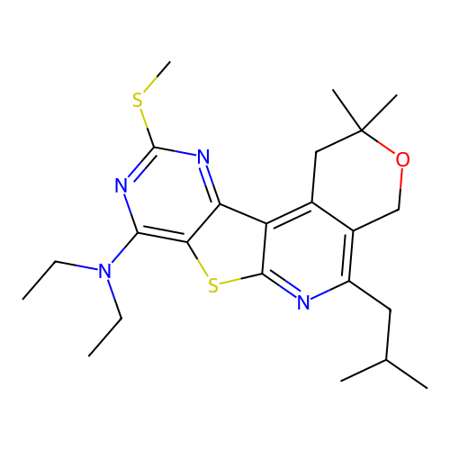 N,N-diethyl-2,2-dimethyl-5-(2-methylpropyl)-10-(methylsulfanyl)-1,4-dihydro-2H-pyrano[4'',3'':4',5']pyrido[3',2':4,5]thieno[3,2-d]pyrimidin-8-amine structure
