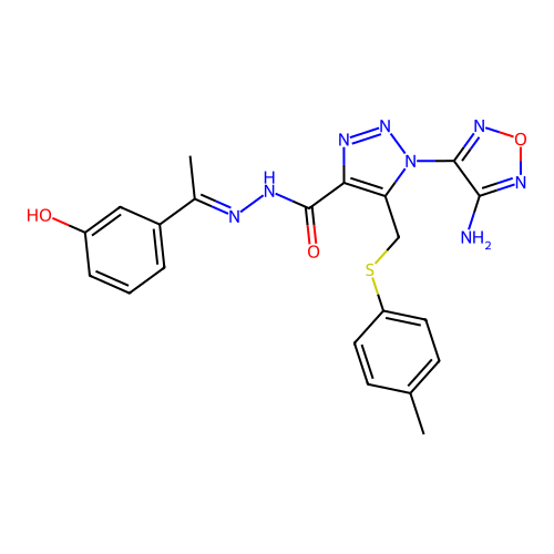 (E)-1-(4-amino-1,2,5-oxadiazol-3-yl)-N'-(1-(3-hydroxyphenyl)ethylidene)-5-((p-tolylthio)methyl)-1H-1,2,3-triazole-4-carbohydrazide structure