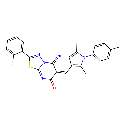 (E)-6-((2,5-dimethyl-1-(p-tolyl)-1H-pyrrol-3-yl)methylene)-2-(2-fluorophenyl)-5-imino-5H-[1,3,4]thiadiazolo[3,2-a]pyrimidin-7(6H)-one structure