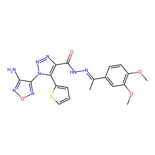 (E)-1-(4-amino-1,2,5-oxadiazol-3-yl)-N'-(1-(3,4-dimethoxyphenyl)ethylidene)-5-(thiophen-2-yl)-1H-1,2,3-triazole-4-carbohydrazide structure