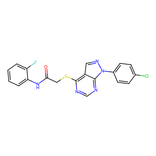 2-((1-(4-chlorophenyl)-1H-pyrazolo[3,4-d]pyrimidin-4-yl)thio)-N-(2-fluorophenyl)acetamide structure