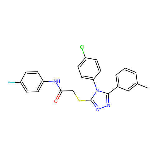 2-[[4-(4-chlorophenyl)-5-(3-methylphenyl)-1,2,4-triazol-3-yl]sulfanyl]-N-(4-fluorophenyl)acetamide structure