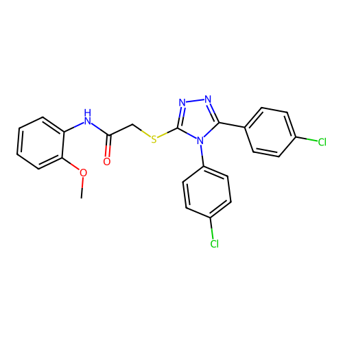 2-[[4,5-bis(4-chlorophenyl)-1,2,4-triazol-3-yl]sulfanyl]-N-(2-methoxyphenyl)acetamide structure