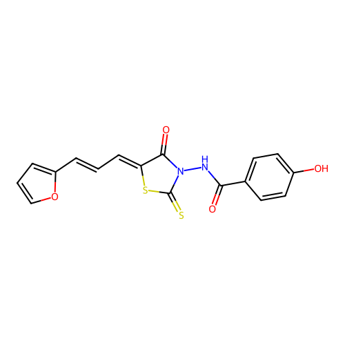 N-((Z)-5-((E)-3-(furan-2-yl)allylidene)-4-oxo-2-thioxothiazolidin-3-yl)-4-hydroxybenzamide structure