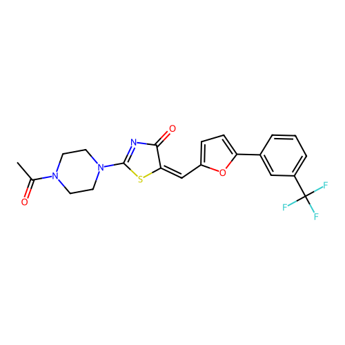 (E)-2-(4-acetylpiperazin-1-yl)-5-((5-(3-(trifluoromethyl)phenyl)furan-2-yl)methylene)thiazol-4(5H)-one structure