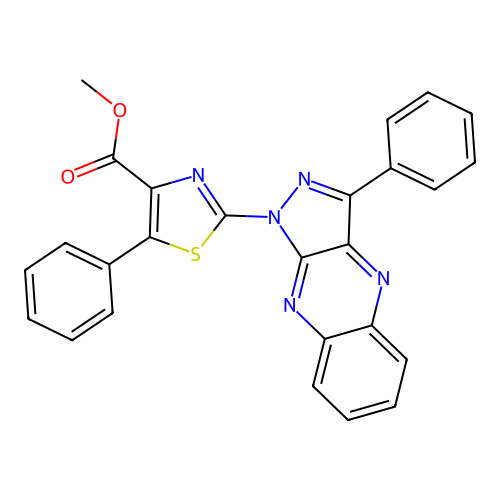 methyl 5-phenyl-2-(3-phenyl-1H-pyrazolo[3,4-b]quinoxalin-1-yl)-1,3-thiazole-4-carboxylate structure