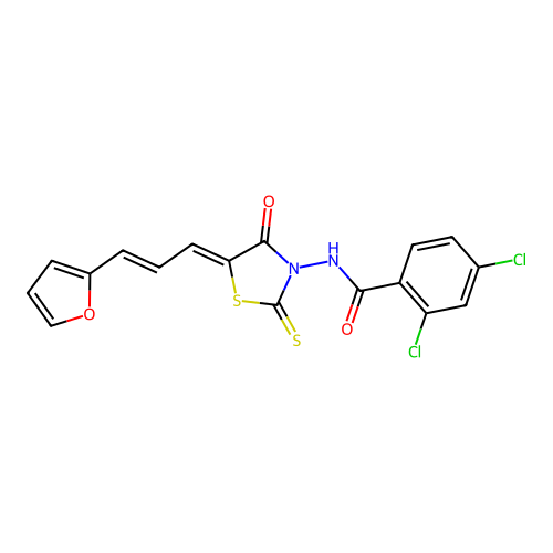 2,4-dichloro-N-((Z)-5-((E)-3-(furan-2-yl)allylidene)-4-oxo-2-thioxothiazolidin-3-yl)benzamide structure