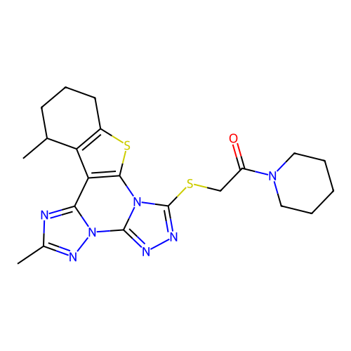 2-((2,13-dimethyl-10,11,12,13-tetrahydrobenzo[4,5]thieno[3,2-e]bis([1,2,4]triazolo)[4,3-a:1',5'-c]pyrimidin-7-yl)thio)-1-(piperidin-1-yl)ethanone structure