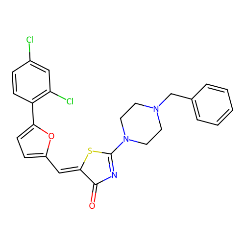 (5Z)-2-(4-benzylpiperazin-1-yl)-5-[[5-(2,4-dichlorophenyl)furan-2-yl]methylidene]-1,3-thiazol-4-one structure