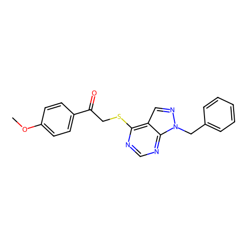 2-((1-benzyl-1H-pyrazolo[3,4-d]pyrimidin-4-yl)thio)-1-(4-methoxyphenyl)ethanone structure