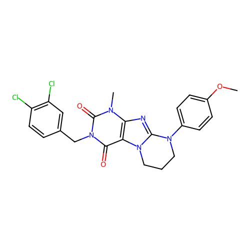 3-(3,4-dichlorobenzyl)-9-(4-methoxyphenyl)-1-methyl-6,7,8,9-tetrahydropyrimido[2,1-f]purine-2,4(1H,3H)-dione structure