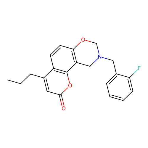 9-(2-fluorobenzyl)-4-propyl-9,10-dihydro-2H,8H-chromeno[8,7-e][1,3]oxazin-2-one structure