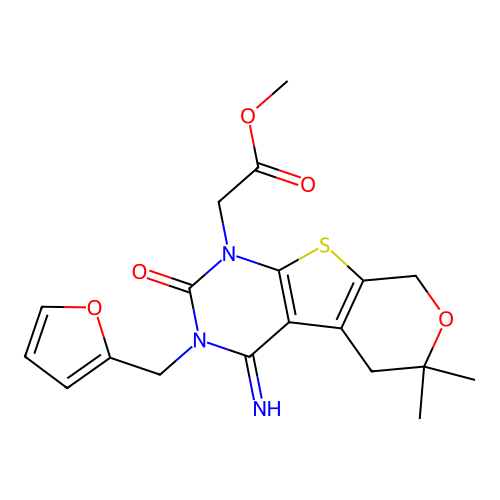 methyl [3-(furan-2-ylmethyl)-4-imino-6,6-dimethyl-2-oxo-3,4,5,8-tetrahydro-2H-pyrano[4',3':4,5]thieno[2,3-d]pyrimidin-1(6H)-yl]acetate structure