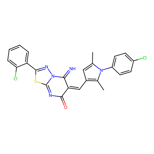 (E)-2-(2-chlorophenyl)-6-((1-(4-chlorophenyl)-2,5-dimethyl-1H-pyrrol-3-yl)methylene)-5-imino-5H-[1,3,4]thiadiazolo[3,2-a]pyrimidin-7(6H)-one structure