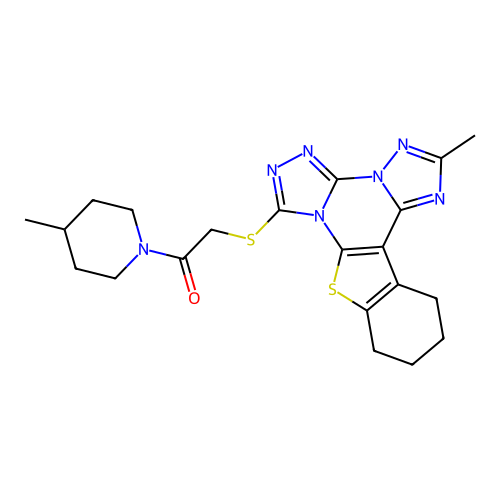 1-(4-methylpiperidin-1-yl)-2-[(2-methyl-10,11,12,13-tetrahydro[1]benzothieno[3,2-e]bis[1,2,4]triazolo[4,3-a:1',5'-c]pyrimidin-7-yl)sulfanyl]ethanone structure