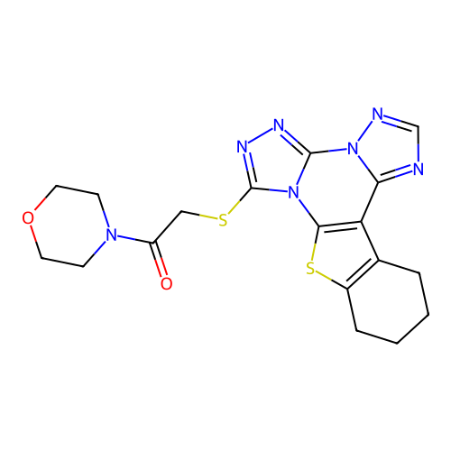1-(morpholin-4-yl)-2-(10,11,12,13-tetrahydro[1]benzothieno[3,2-e]bis[1,2,4]triazolo[4,3-a:1',5'-c]pyrimidin-7-ylsulfanyl)ethanone structure