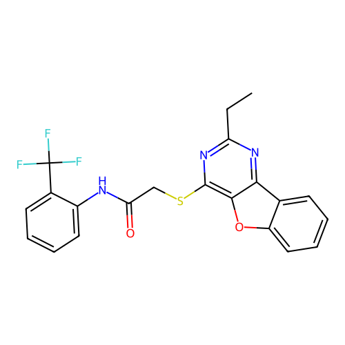 2-((2-ethylbenzofuro[3,2-d]pyrimidin-4-yl)thio)-N-(2-(trifluoromethyl)phenyl)acetamide structure