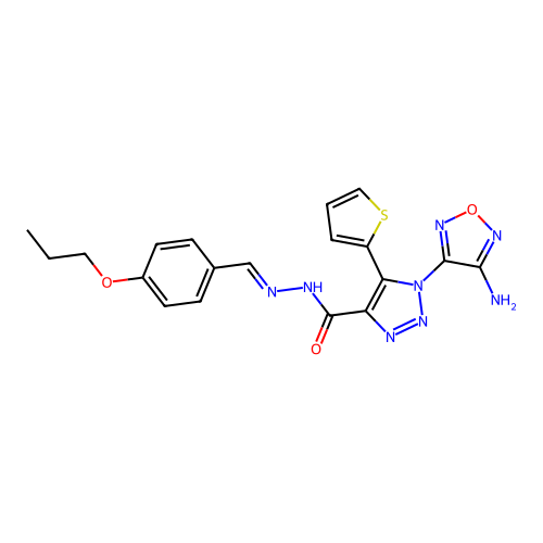 (E)-1-(4-amino-1,2,5-oxadiazol-3-yl)-N'-(4-propoxybenzylidene)-5-(thiophen-2-yl)-1H-1,2,3-triazole-4-carbohydrazide structure