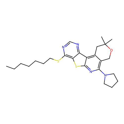8-(heptylsulfanyl)-2,2-dimethyl-5-(pyrrolidin-1-yl)-1,4-dihydro-2H-pyrano[4'',3'':4',5']pyrido[3',2':4,5]thieno[3,2-d]pyrimidine structure