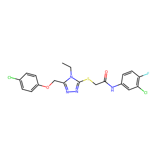 N-(3-chloro-4-fluorophenyl)-2-((5-((4-chlorophenoxy)methyl)-4-ethyl-4H-1,2,4-triazol-3-yl)thio)acetamide structure