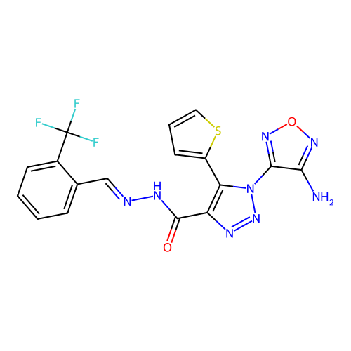 (E)-1-(4-amino-1,2,5-oxadiazol-3-yl)-5-(thiophen-2-yl)-N'-(2-(trifluoromethyl)benzylidene)-1H-1,2,3-triazole-4-carbohydrazide structure