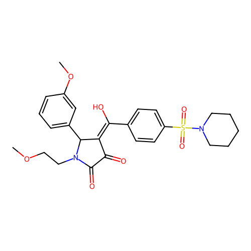 (4E)-4-[hydroxy-(4-piperidin-1-ylsulfonylphenyl)methylidene]-1-(2-methoxyethyl)-5-(3-methoxyphenyl)pyrrolidine-2,3-dione structure