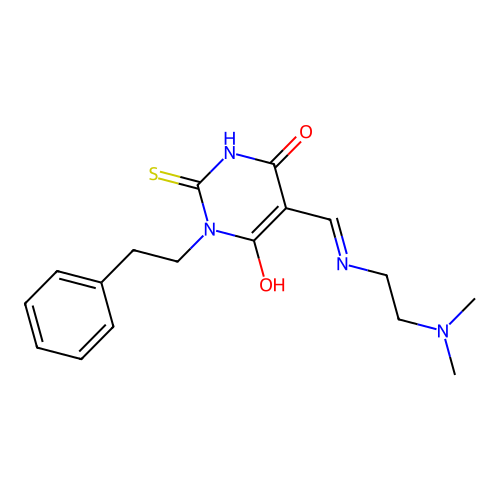 (E)-5-(((2-(dimethylamino)ethyl)amino)methylene)-1-phenethyl-2-thioxodihydropyrimidine-4,6(1H,5H)-dione structure
