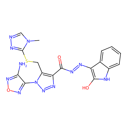 (Z)-1-(4-amino-1,2,5-oxadiazol-3-yl)-5-(((4-methyl-4H-1,2,4-triazol-3-yl)thio)methyl)-N'-(2-oxoindolin-3-ylidene)-1H-1,2,3-triazole-4-carbohydrazide structure