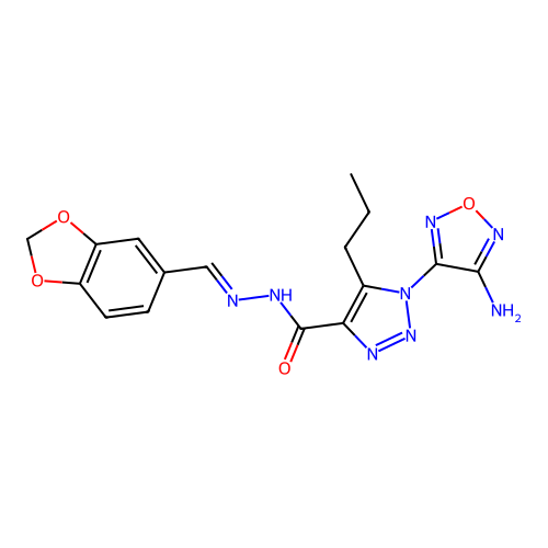 (E)-1-(4-amino-1,2,5-oxadiazol-3-yl)-N'-(benzo[d][1,3]dioxol-5-ylmethylene)-5-propyl-1H-1,2,3-triazole-4-carbohydrazide structure