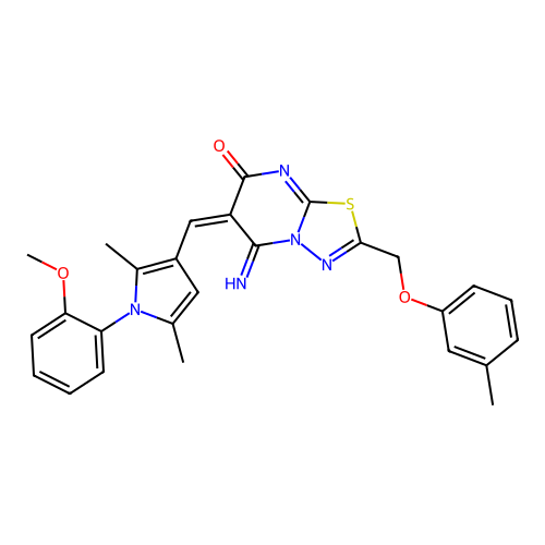 (E)-5-imino-6-((1-(2-methoxyphenyl)-2,5-dimethyl-1H-pyrrol-3-yl)methylene)-2-((m-tolyloxy)methyl)-5H-[1,3,4]thiadiazolo[3,2-a]pyrimidin-7(6H)-one structure