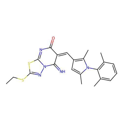 (6E)-6-[[1-(2,6-dimethylphenyl)-2,5-dimethylpyrrol-3-yl]methylidene]-2-ethylsulfanyl-5-imino-[1,3,4]thiadiazolo[3,2-a]pyrimidin-7-one structure
