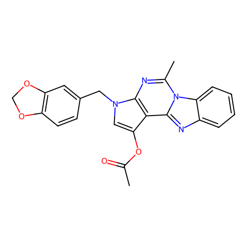 3-(1,3-benzodioxol-5-ylmethyl)-5-methyl-3H-pyrrolo[2',3':4,5]pyrimido[1,6-a]benzimidazol-1-yl acetate structure