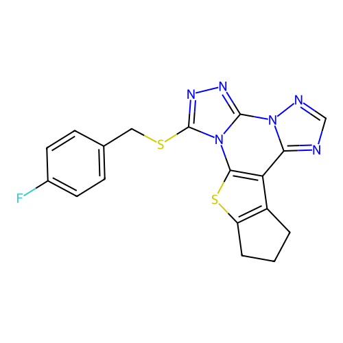7-((4-fluorobenzyl)thio)-11,12-dihydro-10H-cyclopenta[4,5]thieno[3,2-e]bis([1,2,4]triazolo)[4,3-a:1',5'-c]pyrimidine structure
