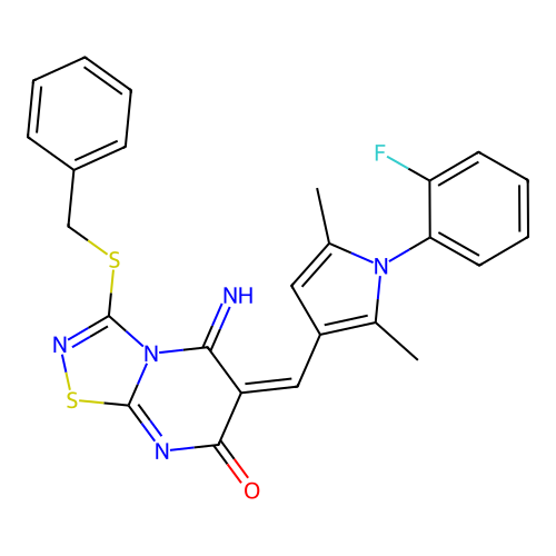(E)-3-(benzylthio)-6-((1-(2-fluorophenyl)-2,5-dimethyl-1H-pyrrol-3-yl)methylene)-5-imino-5H-[1,2,4]thiadiazolo[4,5-a]pyrimidin-7(6H)-one structure