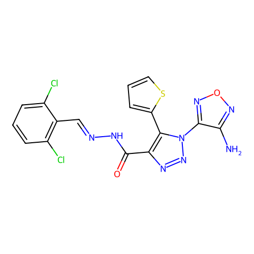 (E)-1-(4-amino-1,2,5-oxadiazol-3-yl)-N'-(2,6-dichlorobenzylidene)-5-(thiophen-2-yl)-1H-1,2,3-triazole-4-carbohydrazide structure