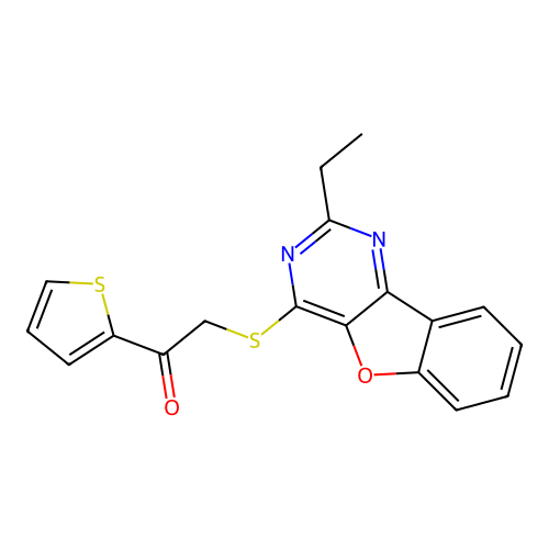 2-[(2-Ethyl[1]benzofuro[3,2-d]pyrimidin-4-yl)sulfanyl]-1-(thiophen-2-yl)ethanone structure