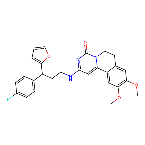 2-((3-(4-fluorophenyl)-3-(furan-2-yl)propyl)amino)-9,10-dimethoxy-6,7-dihydro-4H-pyrimido[6,1-a]isoquinolin-4-one structure