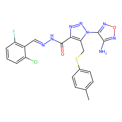 (E)-1-(4-amino-1,2,5-oxadiazol-3-yl)-N'-(2-chloro-6-fluorobenzylidene)-5-((p-tolylthio)methyl)-1H-1,2,3-triazole-4-carbohydrazide structure