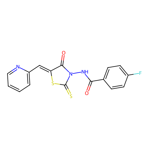 (Z)-4-fluoro-N-(4-oxo-5-(pyridin-2-ylmethylene)-2-thioxothiazolidin-3-yl)benzamide structure
