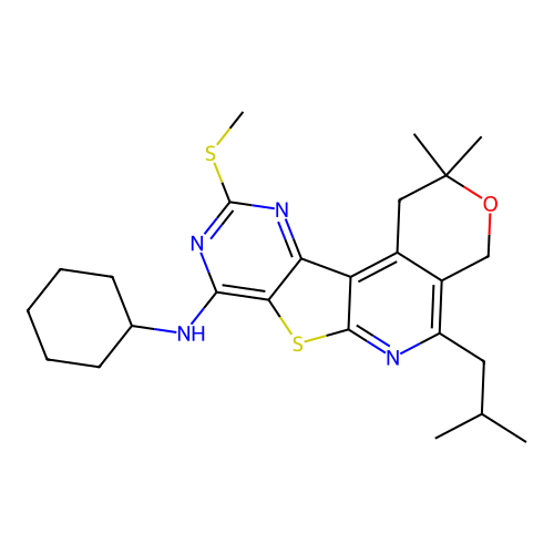 N-cyclohexyl-2,2-dimethyl-5-(2-methylpropyl)-10-(methylsulfanyl)-1,4-dihydro-2H-pyrano[4'',3'':4',5']pyrido[3',2':4,5]thieno[3,2-d]pyrimidin-8-amine structure