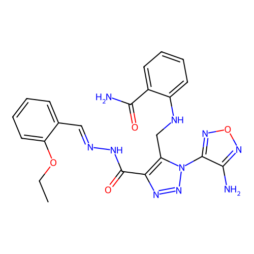 (E)-2-(((1-(4-amino-1,2,5-oxadiazol-3-yl)-4-(2-(2-ethoxybenzylidene)hydrazinecarbonyl)-1H-1,2,3-triazol-5-yl)methyl)amino)benzamide structure