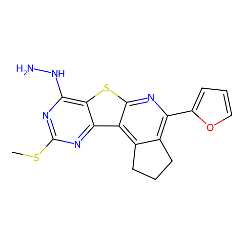 4-(furan-2-yl)-7-hydrazinyl-9-(methylsulfanyl)-2,3-dihydro-1H-cyclopenta[4',5']pyrido[3',2':4,5]thieno[3,2-d]pyrimidine structure