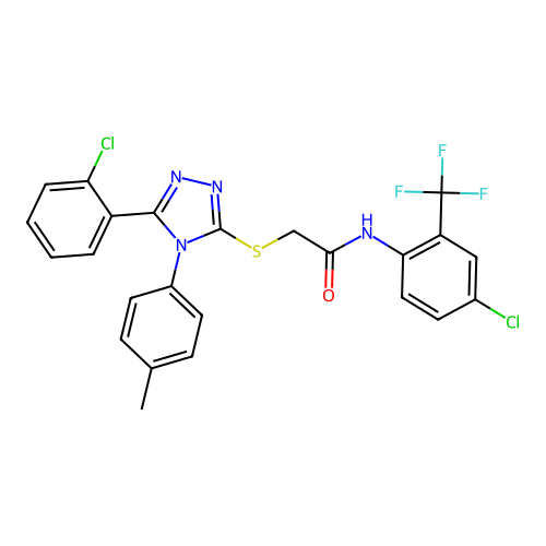2-[[5-(2-chlorophenyl)-4-(4-methylphenyl)-1,2,4-triazol-3-yl]sulfanyl]-N-[4-chloro-2-(trifluoromethyl)phenyl]acetamide structure