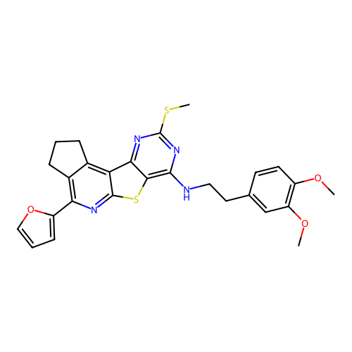N-(3,4-dimethoxyphenethyl)-4-(furan-2-yl)-9-(methylthio)-2,3-dihydro-1H-cyclopenta[4',5']pyrido[3',2':4,5]thieno[3,2-d]pyrimidin-7-amine structure
