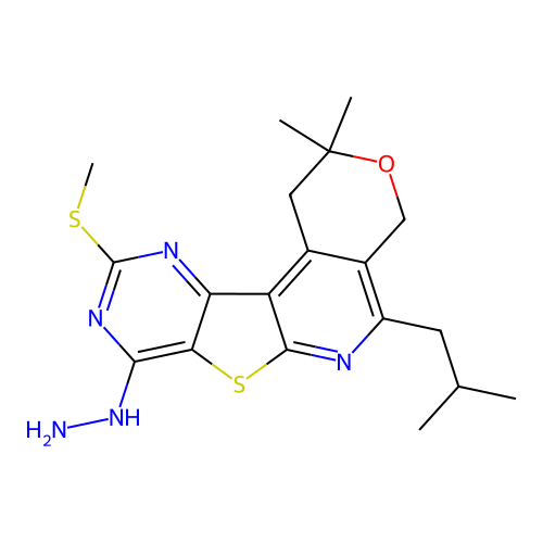 8-hydrazinyl-2,2-dimethyl-5-(2-methylpropyl)-10-(methylsulfanyl)-1,4-dihydro-2H-pyrano[4'',3'':4',5']pyrido[3',2':4,5]thieno[3,2-d]pyrimidine structure